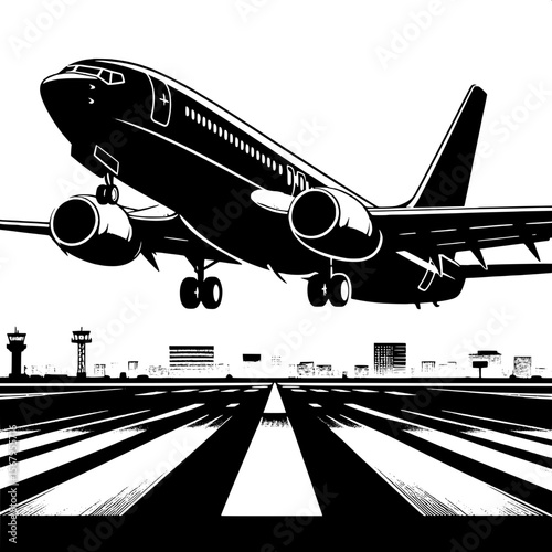 Black and White Vector Silhouette of an Airplane on Runway