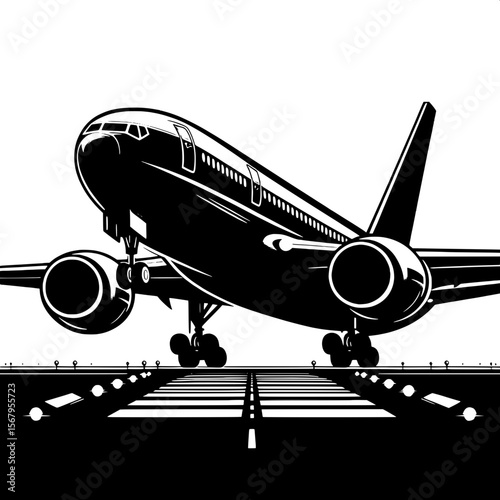 Black and White Vector Silhouette of an Airplane on Runway
