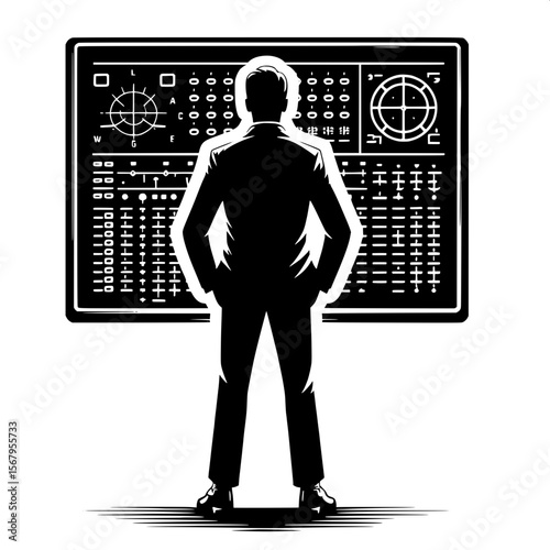 Black and White Vector Silhouette of a Man Looking at Flight Info Board