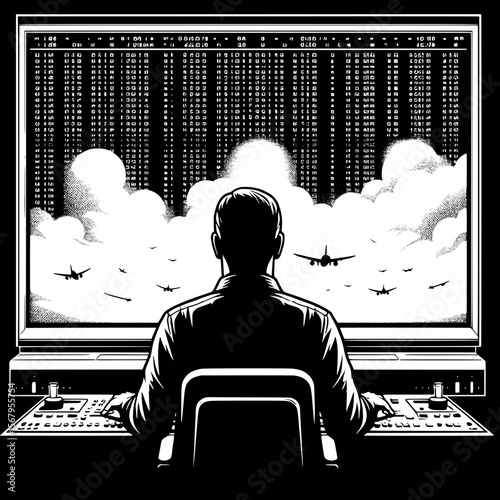 Black and White Vector Silhouette of a Man Looking at Flight Info Board