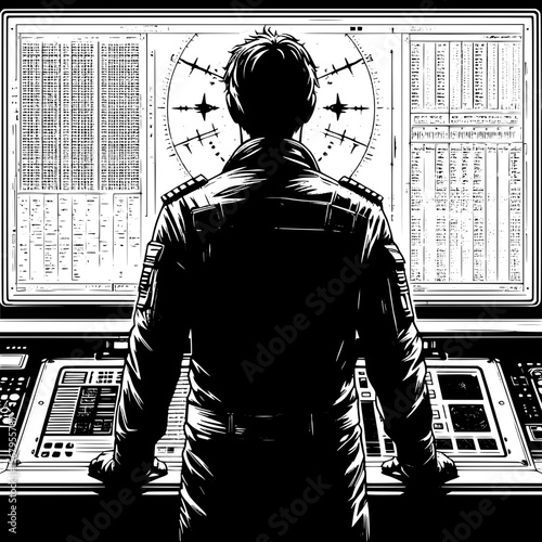 Black and White Vector Silhouette of a Man Looking at Flight Info Board