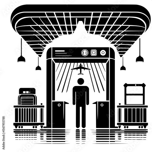 Black and White Vector Silhouette of Airport Security Check Area