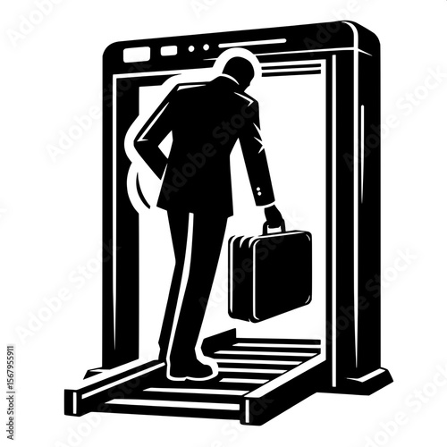 Black and White Vector Silhouette of a Man Placing Bag on Scanner Belt