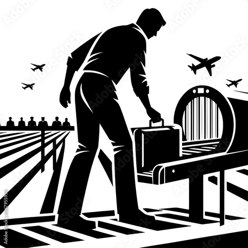 Black and White Vector Silhouette of a Man Placing Bag on Scanner Belt