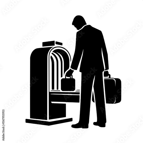 Black and White Vector Silhouette of a Man Placing Bag on Scanner Belt
