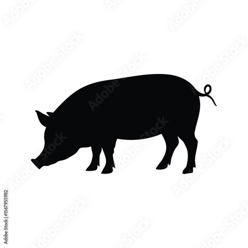 Black Silhouette of a Pig with a Curled Tail on White