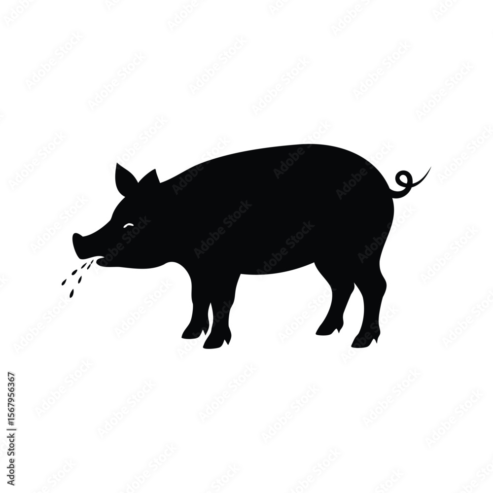 Fototapeta premium Silhouette of a pig with drops coming from its mouth on white