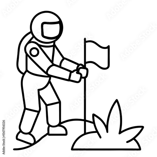 Astronaut planting flag line art vector illustration 
