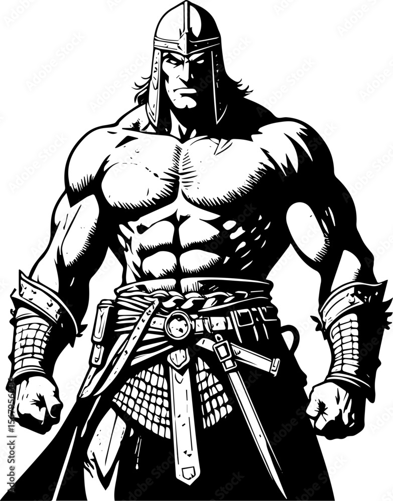 Fototapeta premium Lineart drawing, ancient warrior in full medieval armor, standing strong and battle-hardened, heroic male figure with muscular build, fierce expressionepic fantasy, tattoo art,lineart,manga,anime