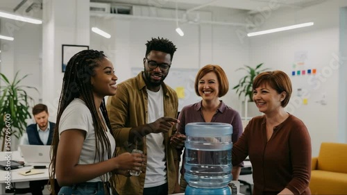 Diverse colleagues laughing together near office water cooler