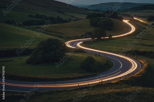Winding curvy rural road with light trail from headlights leading through British countryside.