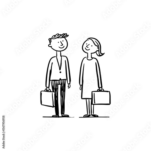 Businessman and businesswoman in hand-drawn line art style, both holding briefcases, minimal black-and-white palette for workplace equality, HR, business roles, and career diversity visuals.
