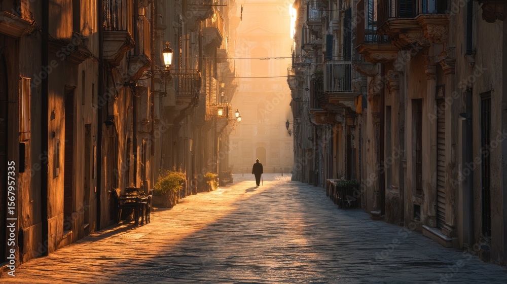 Fototapeta premium Person walking on sunlit street old city architecture travel photography