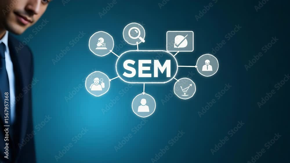 Flat Businessman Illustrating SEM Icons: A Cute Vector Representation of Search Engine Marketing Strategies and Online Advertising Rankings in a Smart Business Tone