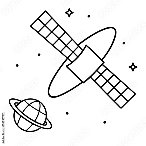 Satellite in orbit line art vector illustration