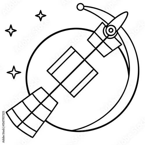 Satellite in orbit line art vector illustration