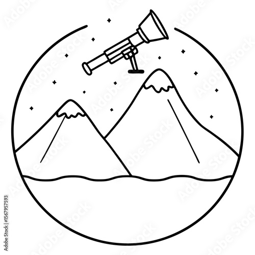 Telescope on mountain top line art vector illustration