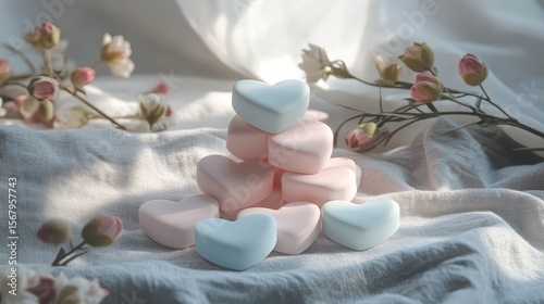 Heart-Shaped Soaps in Soft Colors on a Light Fabric Background