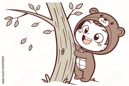 Vector cute Baby Boy cartoon character, with a mischievous grin and twinkling eyes, wearing a little bear costume and peeking from behind a tree, in a whimsical, fun style, isolated on white backgroun