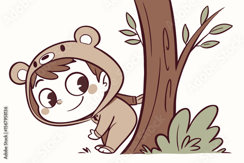 Vector cute Baby Boy cartoon character, with a mischievous grin and twinkling eyes, wearing a little bear costume and peeking from behind a tree, in a whimsical, fun style, isolated on white backgroun