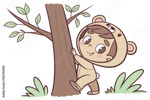 Vector cute Baby Boy cartoon character, with a mischievous grin and twinkling eyes, wearing a little bear costume and peeking from behind a tree, in a whimsical, fun style, isolated on white backgroun