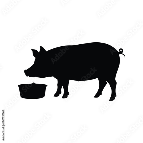 Black silhouette of a pig with a curly tail near a trough