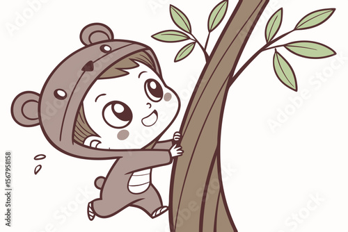 Vector cute Baby Boy cartoon character, with a mischievous grin and twinkling eyes, wearing a little bear costume and peeking from behind a tree, in a whimsical, fun style, isolated on white backgroun