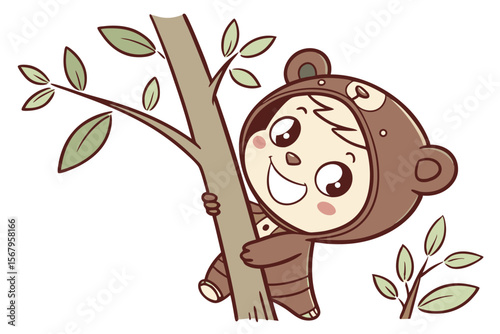 Vector cute Baby Boy cartoon character, with a mischievous grin and twinkling eyes, wearing a little bear costume and peeking from behind a tree, in a whimsical, fun style, isolated on white backgroun