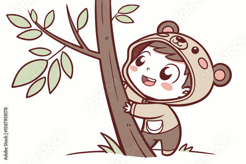 Vector cute Baby Boy cartoon character, with a mischievous grin and twinkling eyes, wearing a little bear costume and peeking from behind a tree, in a whimsical, fun style, isolated on white backgroun