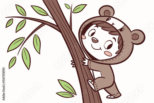 Vector cute Baby Boy cartoon character, with a mischievous grin and twinkling eyes, wearing a little bear costume and peeking from behind a tree, in a whimsical, fun style, isolated on white backgroun