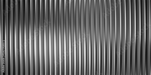 Black ribbed glass background with effect texture in 3D gradient and line crystal light. Abstract pattern in vertical panel with transparent prism wave. Vector frosted design.