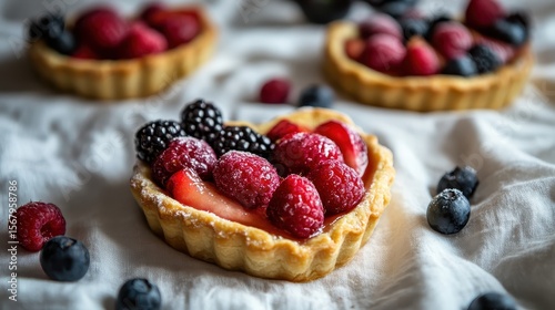 Heart-Shaped Tart with Fresh Berries on Soft White Fabric