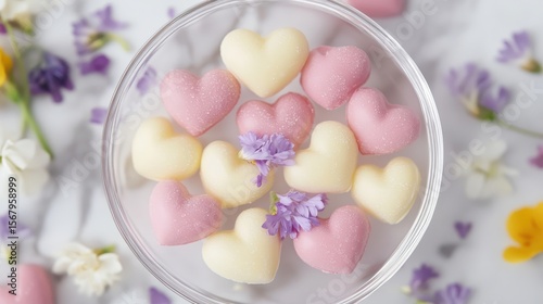Heart-Shaped Treats in Pastel Colors Surrounded by Flowers