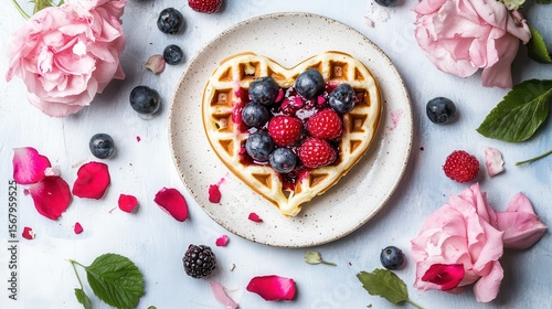Heart-Shaped Waffle Topped with Berries and Flower Petals Decoration