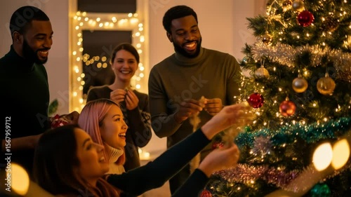 Diverse Group Decorating Christmas Tree with Colorful Ornaments Under Warm Lighting Creating a Festive and Joyful Atmosphere at Home Celebration