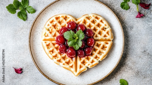Heart-Shaped Waffle with Cherry Topping and Fresh Garnish