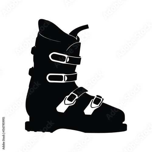Silhouette of a black ski boot with adjustable buckles on white