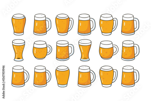 Beer mug and glass icon set. Vector collection of various pints and steins with foam for pub menu or Oktoberfest design.