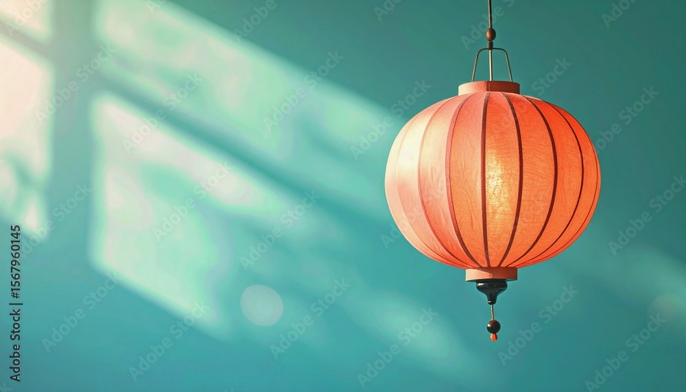 Obraz premium Minimalist Image of a Soft Peach-Colored Turkish Lantern Hanging with Turquoise Background