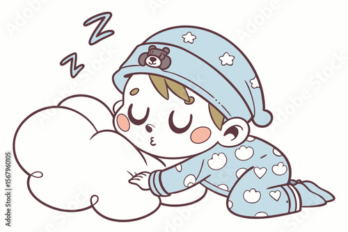 Vector cute Baby Boy cartoon character, with a sleepy blink and a soft sigh, wearing a fluffy animal-themed sleeper and hugging a cloud pillow, in a cozy, comforting style, isolated on white backgroun