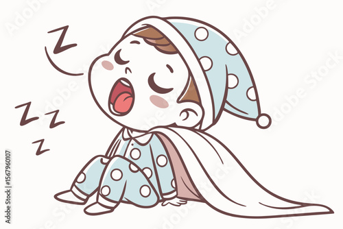 Vector cute Baby Boy cartoon character, with a sleepy yawn and closed eyes, wearing cozy pajamas and snuggled with a soft blanket, in a peaceful, dreamy style, isolated on white background