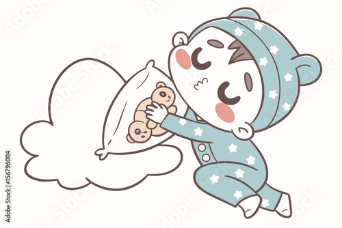 Vector cute Baby Boy cartoon character, with a sleepy blink and a soft sigh, wearing a fluffy animal-themed sleeper and hugging a cloud pillow, in a cozy, comforting style, isolated on white backgroun