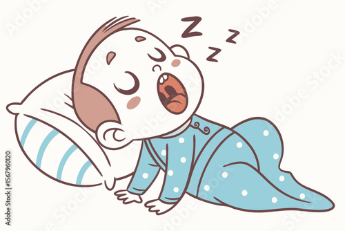 Vector cute Baby Boy cartoon character, with a sleepy yawn and closed eyes, wearing cozy pajamas and snuggled with a soft blanket, in a peaceful, dreamy style, isolated on white background