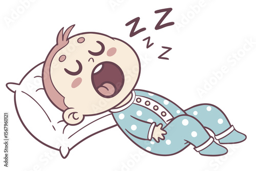 Vector cute Baby Boy cartoon character, with a sleepy yawn and closed eyes, wearing cozy pajamas and snuggled with a soft blanket, in a peaceful, dreamy style, isolated on white background