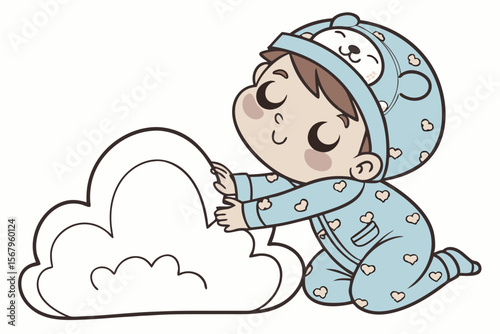 Vector cute Baby Boy cartoon character, with a sleepy blink and a soft sigh, wearing a fluffy animal-themed sleeper and hugging a cloud pillow, in a cozy, comforting style, isolated on white backgroun