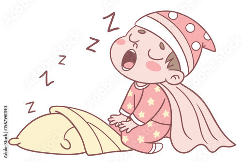 Vector cute Baby Boy cartoon character, with a sleepy yawn and closed eyes, wearing cozy pajamas and snuggled with a soft blanket, in a peaceful, dreamy style, isolated on white background
