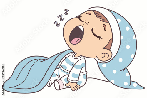Vector cute Baby Boy cartoon character, with a sleepy yawn and closed eyes, wearing cozy pajamas and snuggled with a soft blanket, in a peaceful, dreamy style, isolated on white background