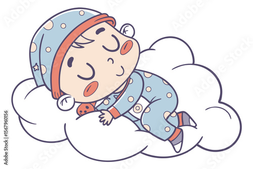 Vector cute Baby Boy cartoon character, with a sleepy blink and a soft sigh, wearing a fluffy animal-themed sleeper and hugging a cloud pillow, in a cozy, comforting style, isolated on white backgroun