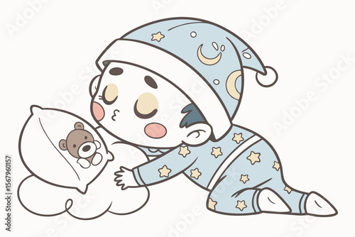 Vector cute Baby Boy cartoon character, with a sleepy blink and a soft sigh, wearing a fluffy animal-themed sleeper and hugging a cloud pillow, in a cozy, comforting style, isolated on white backgroun