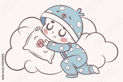 Vector cute Baby Boy cartoon character, with a sleepy blink and a soft sigh, wearing a fluffy animal-themed sleeper and hugging a cloud pillow, in a cozy, comforting style, isolated on white backgroun
